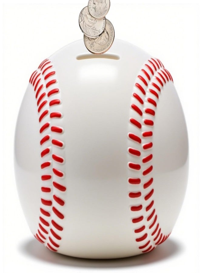 Tlence 6.3" Baseball Piggy Bank, Shatterproof Baseball Shape Coin Bank, White Sports Themed Money Box for Saving Money, Money Storage Container for Boys Girls Adults, Bedroom Decor - Image 1